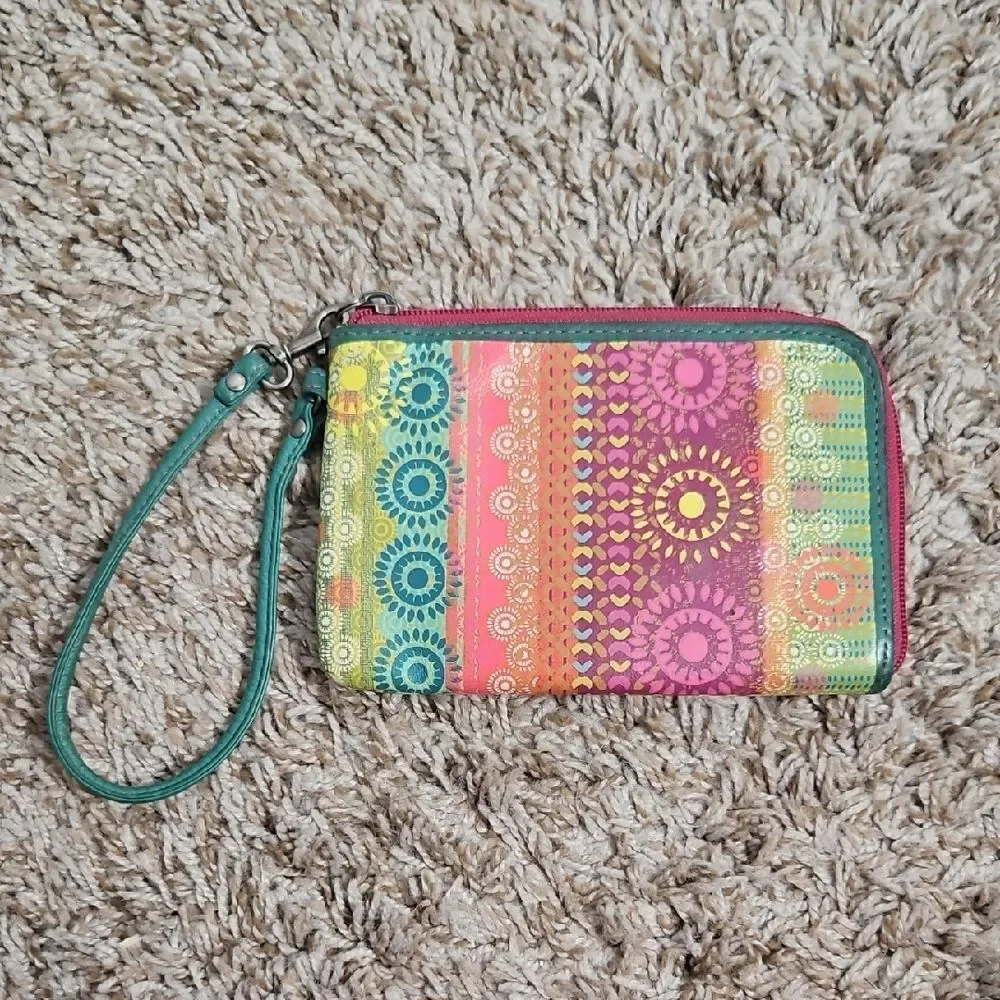 Fossil Pink & Green Boho Chic Zip Wristlet Clutch